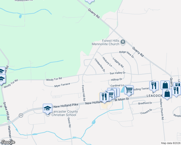 map of restaurants, bars, coffee shops, grocery stores, and more near 357 Sun Valley Dr in Leola