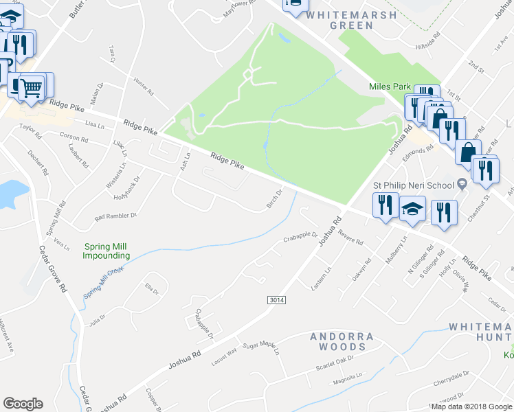map of restaurants, bars, coffee shops, grocery stores, and more near 311 Birch Drive in Lafayette Hill