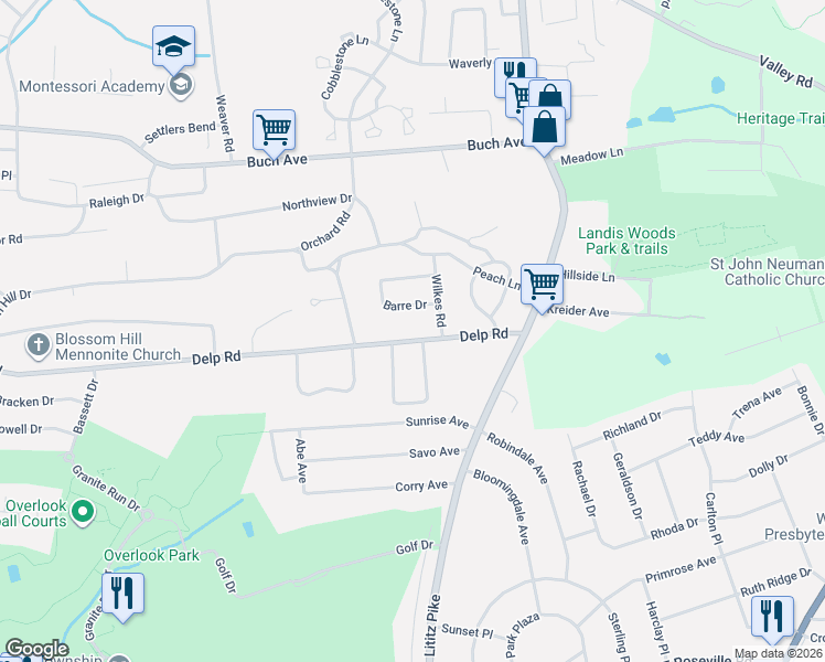 map of restaurants, bars, coffee shops, grocery stores, and more near 73 Delp Rd in Lancaster