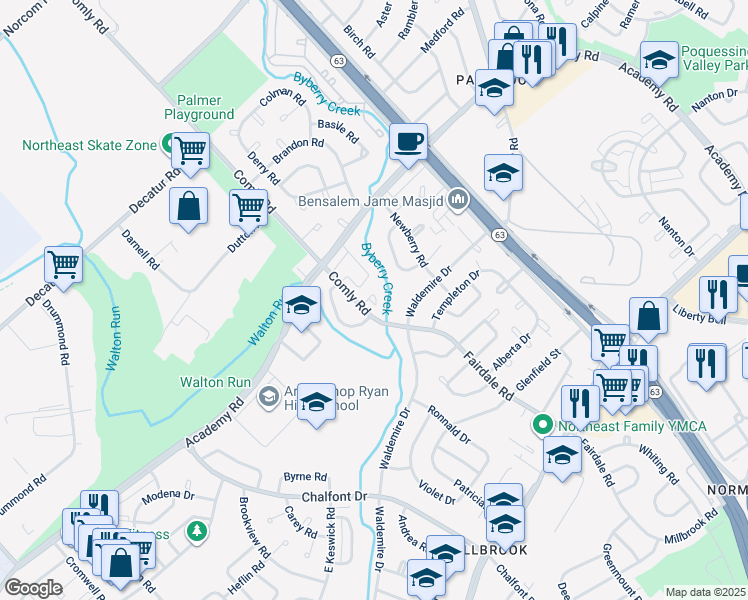 map of restaurants, bars, coffee shops, grocery stores, and more near 3333 Comly Road in Philadelphia
