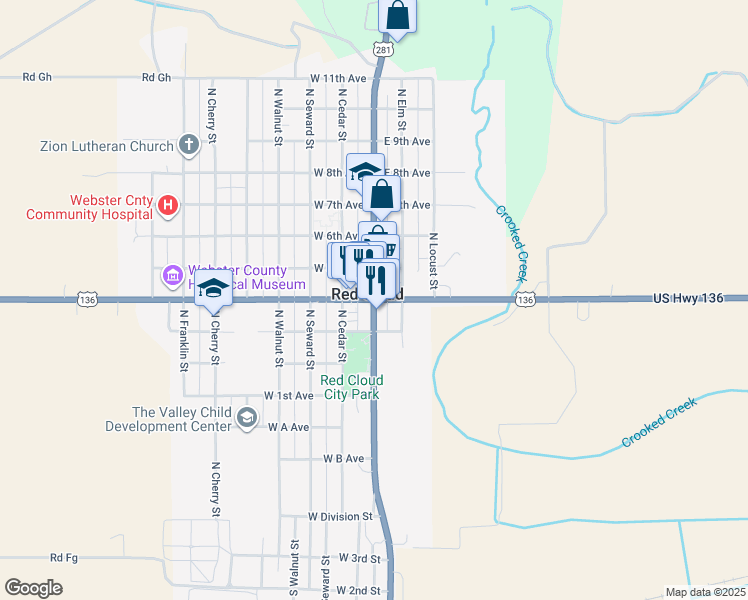 map of restaurants, bars, coffee shops, grocery stores, and more near North Webster Street in Red Cloud