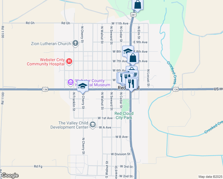 map of restaurants, bars, coffee shops, grocery stores, and more near North Seward Street in Red Cloud