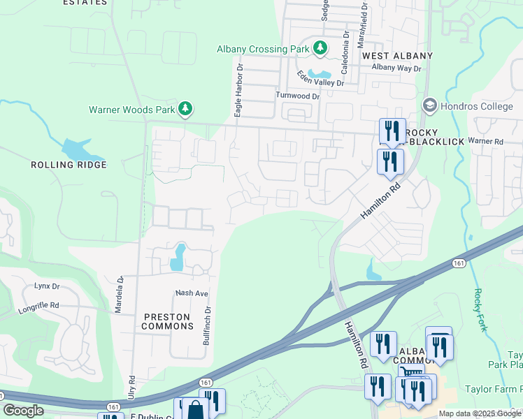 map of restaurants, bars, coffee shops, grocery stores, and more near 6005 Brayford Drive in Westerville