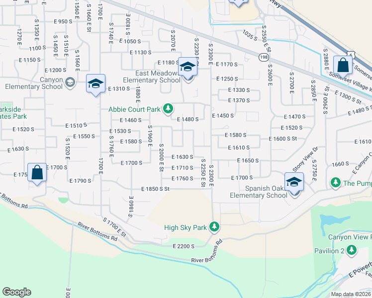 map of restaurants, bars, coffee shops, grocery stores, and more near 2116 East 1590 South in Spanish Fork