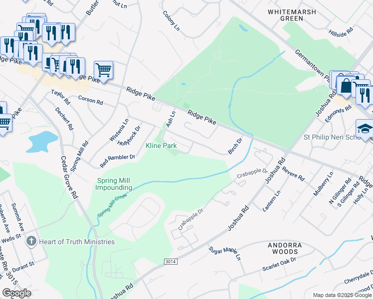 map of restaurants, bars, coffee shops, grocery stores, and more near 247 Ash Lane in Montgomery County