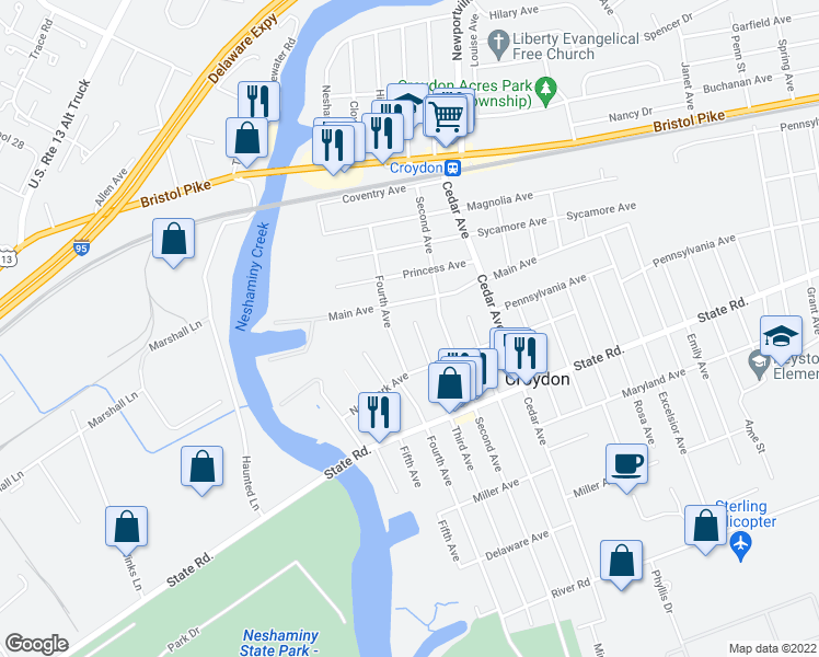 map of restaurants, bars, coffee shops, grocery stores, and more near 508 3rd Avenue in Croydon