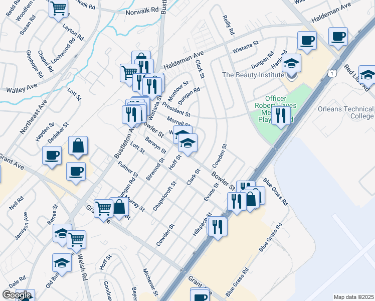 map of restaurants, bars, coffee shops, grocery stores, and more near 9731 Hoff Street in Philadelphia