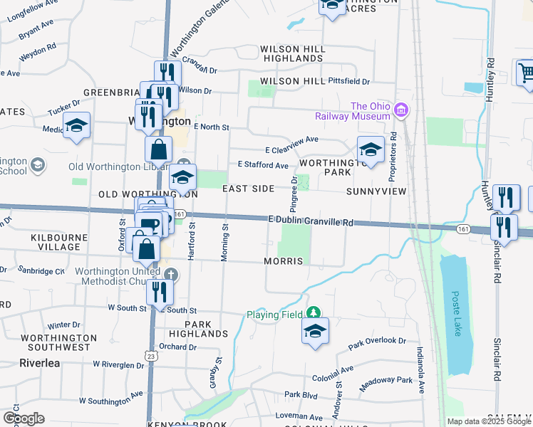 map of restaurants, bars, coffee shops, grocery stores, and more near 196 East Dublin Granville Road in Worthington