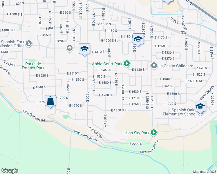 map of restaurants, bars, coffee shops, grocery stores, and more near 1617 South 1900 East in Spanish Fork
