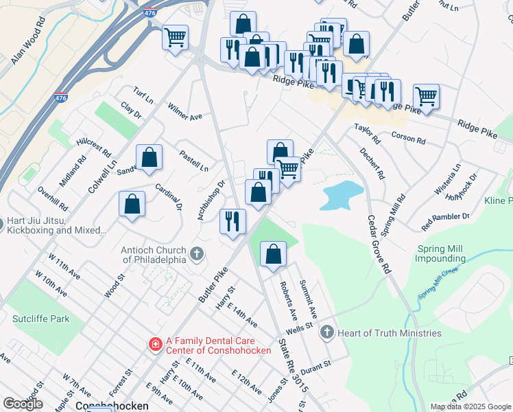 map of restaurants, bars, coffee shops, grocery stores, and more near 1652 Butler Pike in Conshohocken