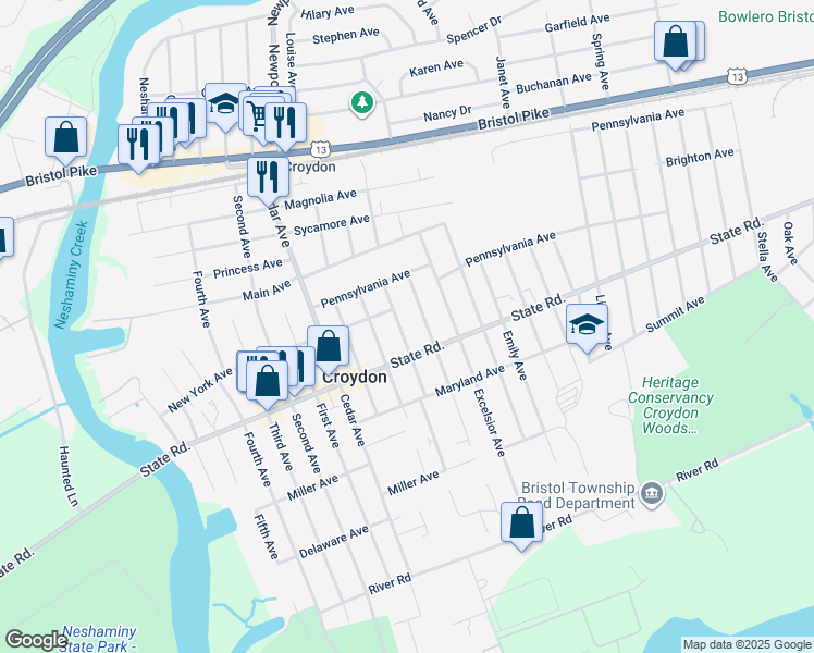 map of restaurants, bars, coffee shops, grocery stores, and more near 717 Washington Avenue in Croydon