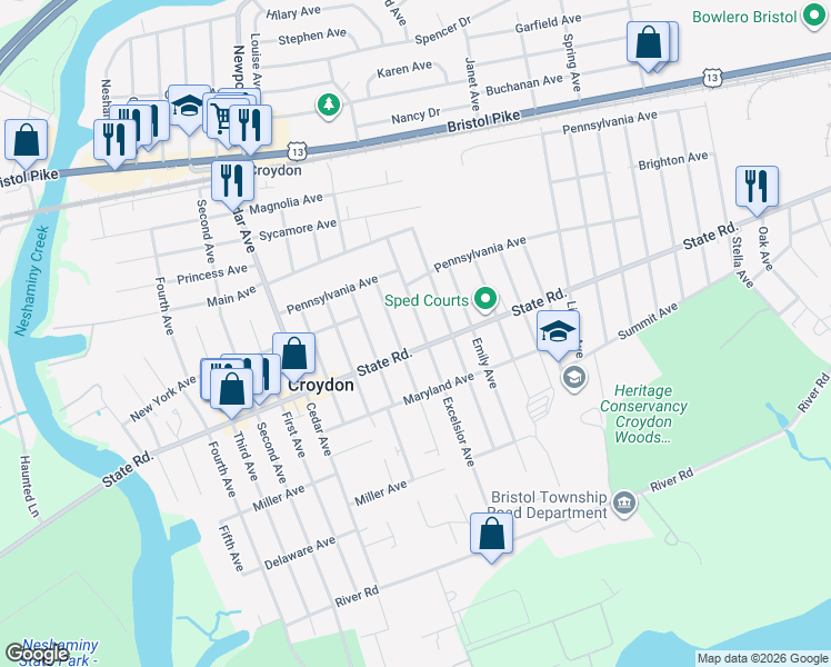 map of restaurants, bars, coffee shops, grocery stores, and more near 730 Excelsior Avenue in Croydon