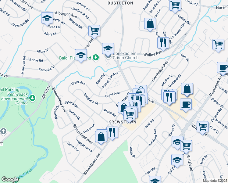map of restaurants, bars, coffee shops, grocery stores, and more near 1217 Grant Avenue in Philadelphia