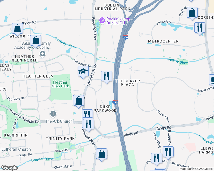 map of restaurants, bars, coffee shops, grocery stores, and more near 6000 Parkwood Place in Dublin