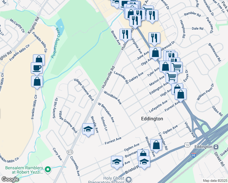 map of restaurants, bars, coffee shops, grocery stores, and more near 2575 June Avenue in Bensalem