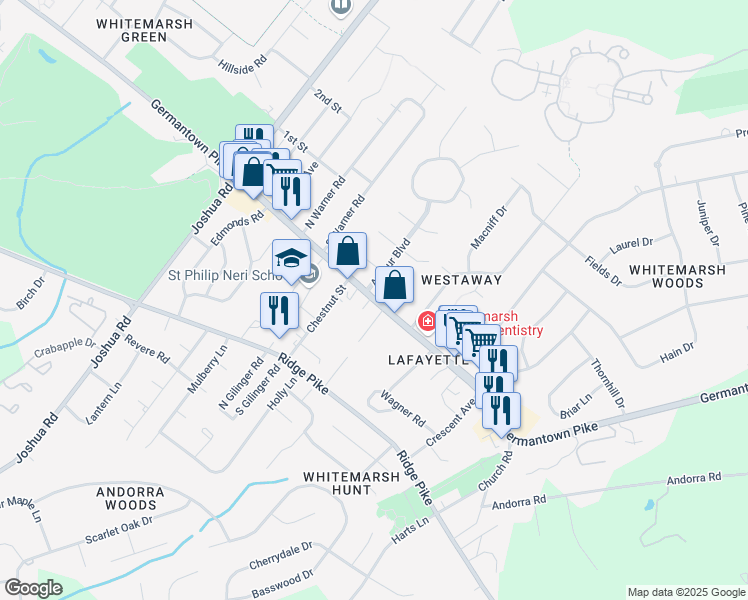 map of restaurants, bars, coffee shops, grocery stores, and more near 487 Germantown Pike in Lafayette Hill