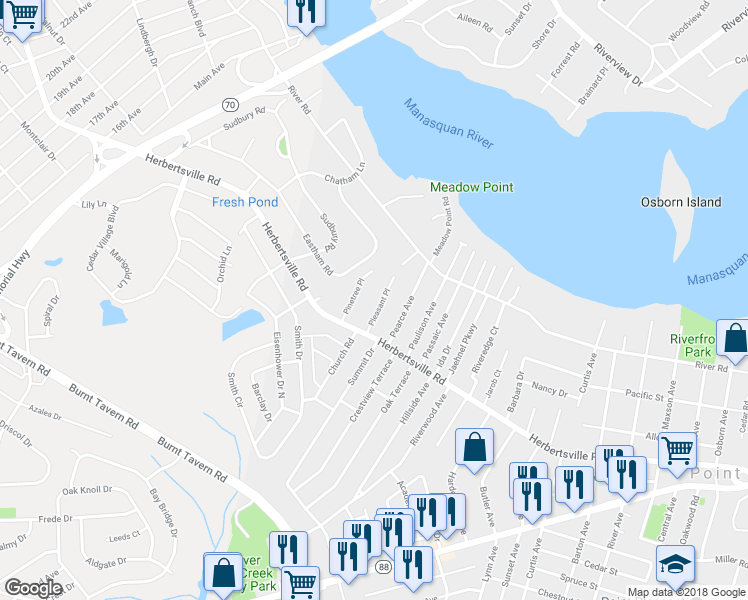 map of restaurants, bars, coffee shops, grocery stores, and more near 223 Pleasant Place in Point Pleasant