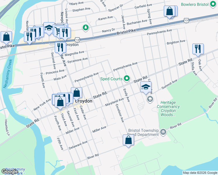map of restaurants, bars, coffee shops, grocery stores, and more near 730 Excelsior Avenue in Croydon