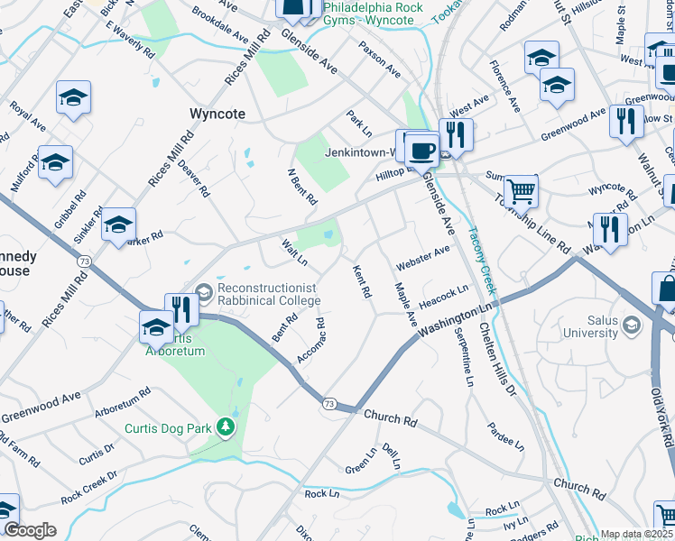 map of restaurants, bars, coffee shops, grocery stores, and more near 304 Bent Road in Wyncote