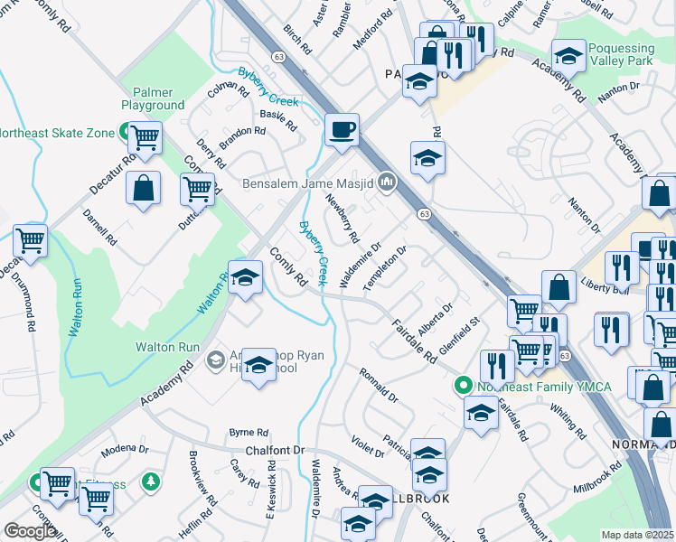 map of restaurants, bars, coffee shops, grocery stores, and more near 11922 Waldemire Drive in Philadelphia