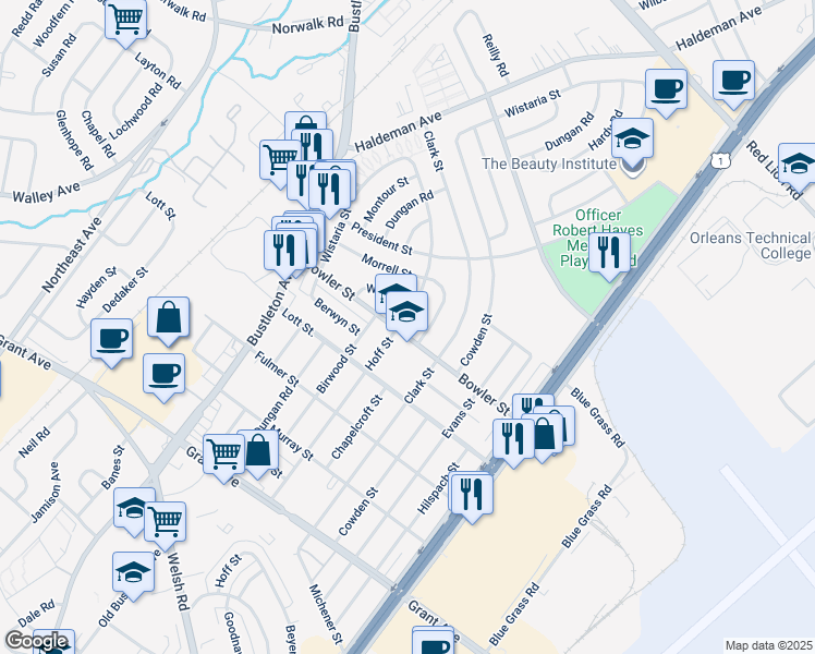 map of restaurants, bars, coffee shops, grocery stores, and more near 9731 Hoff Street in Philadelphia