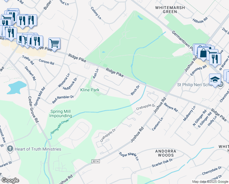 map of restaurants, bars, coffee shops, grocery stores, and more near 274 Birch Drive in Montgomery County