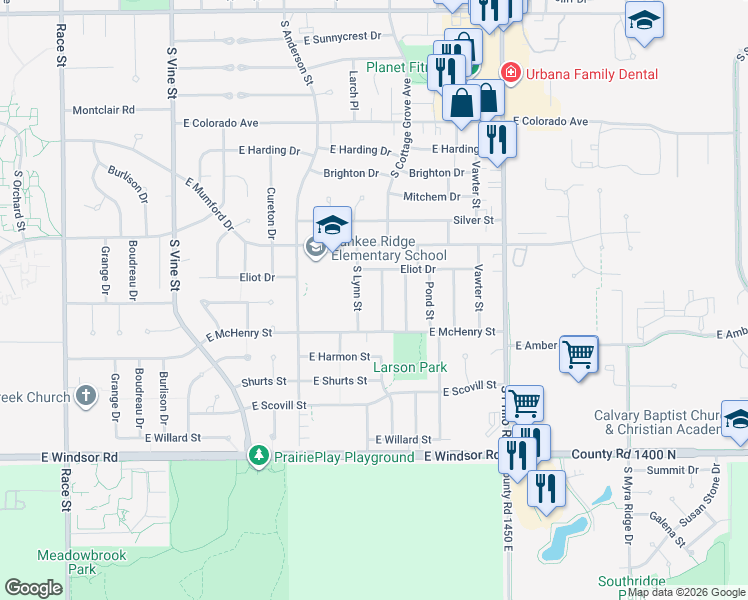 map of restaurants, bars, coffee shops, grocery stores, and more near 2206 South Cottage Grove Avenue in Urbana