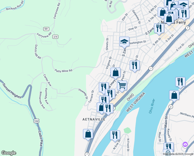 map of restaurants, bars, coffee shops, grocery stores, and more near 1119 Hughes Avenue in Martins Ferry