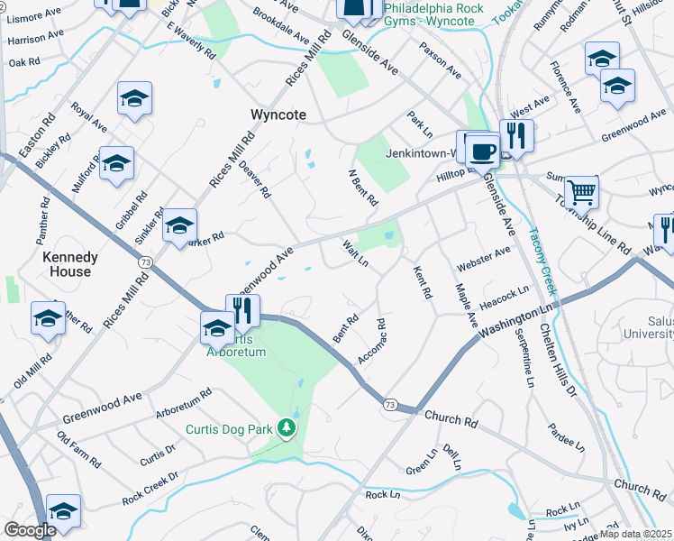map of restaurants, bars, coffee shops, grocery stores, and more near 8 Greenwood Place in Wyncote