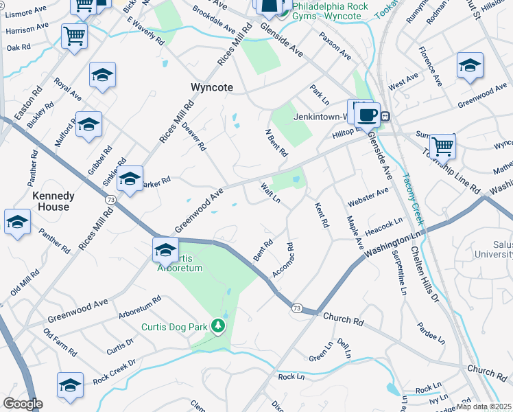 map of restaurants, bars, coffee shops, grocery stores, and more near 8 Greenwood Place in Wyncote