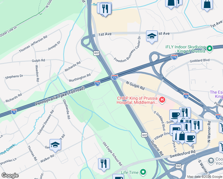 map of restaurants, bars, coffee shops, grocery stores, and more near 404 Drummers Lane in Wayne