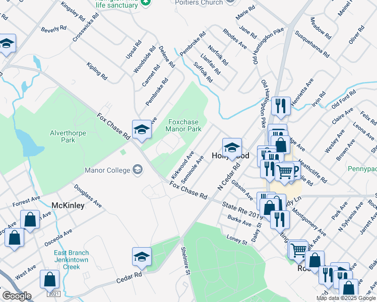map of restaurants, bars, coffee shops, grocery stores, and more near 670 Gibson Avenue in Jenkintown