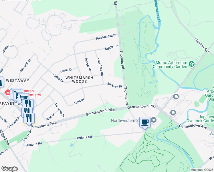 map of restaurants, bars, coffee shops, grocery stores, and more near 4134 Jackson Drive in Lafayette Hill