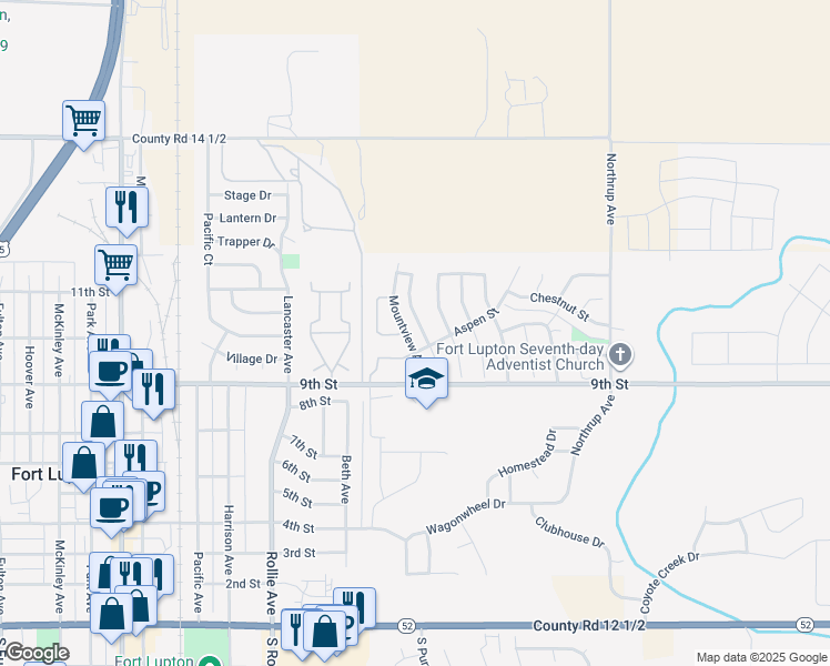 map of restaurants, bars, coffee shops, grocery stores, and more near 1005 Applewood Avenue in Fort Lupton