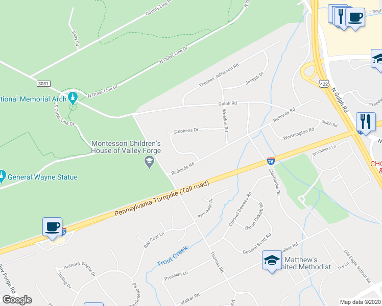 map of restaurants, bars, coffee shops, grocery stores, and more near 1616 Stephens Drive in Wayne
