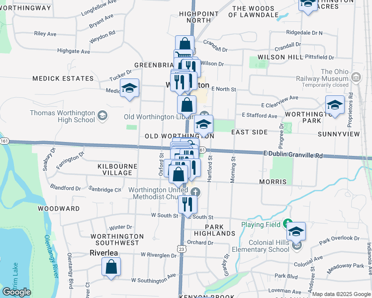 map of restaurants, bars, coffee shops, grocery stores, and more near in Worthington