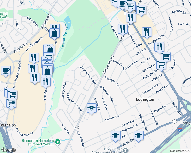 map of restaurants, bars, coffee shops, grocery stores, and more near 2555 New Market Square North in Bucks County