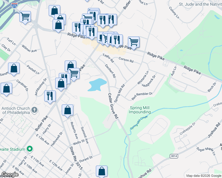 map of restaurants, bars, coffee shops, grocery stores, and more near 40 Lincoln Lane in Conshohocken