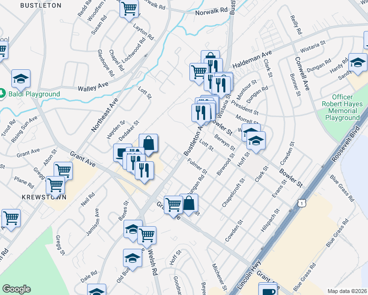 map of restaurants, bars, coffee shops, grocery stores, and more near 9712 Bustleton Avenue in Philadelphia