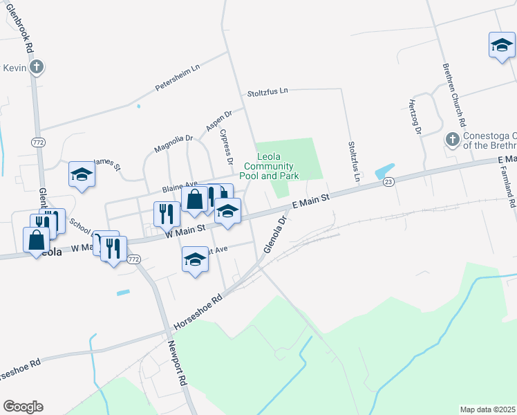 map of restaurants, bars, coffee shops, grocery stores, and more near 7 East Main Street in Leacock-Leola-Bareville