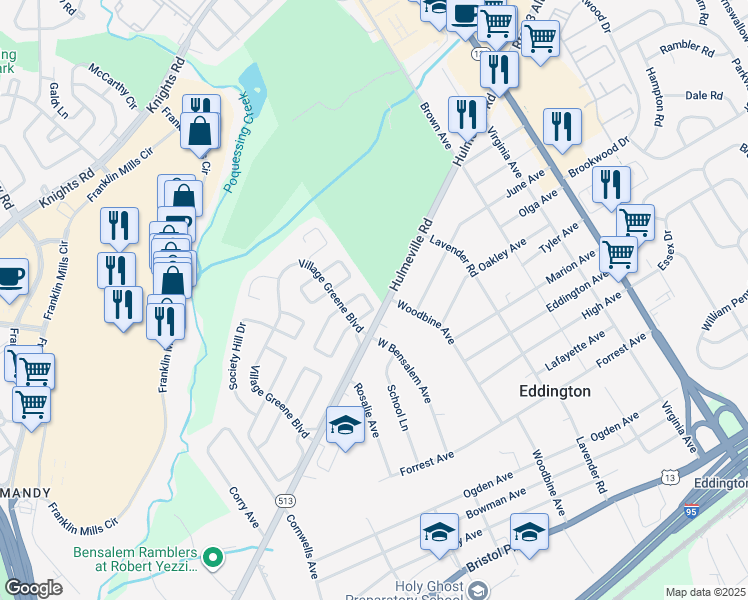 map of restaurants, bars, coffee shops, grocery stores, and more near 2524 New Market Square North in Bucks County