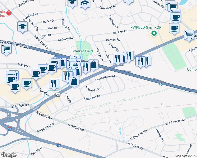 map of restaurants, bars, coffee shops, grocery stores, and more near 525 Powderhorn Road in King of Prussia
