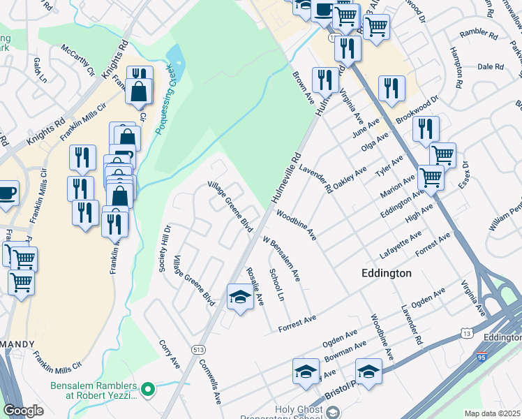 map of restaurants, bars, coffee shops, grocery stores, and more near 2524 New Market Square North in Bucks County