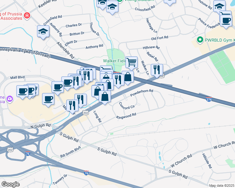 map of restaurants, bars, coffee shops, grocery stores, and more near 590 West Dekalb Pike in King of Prussia