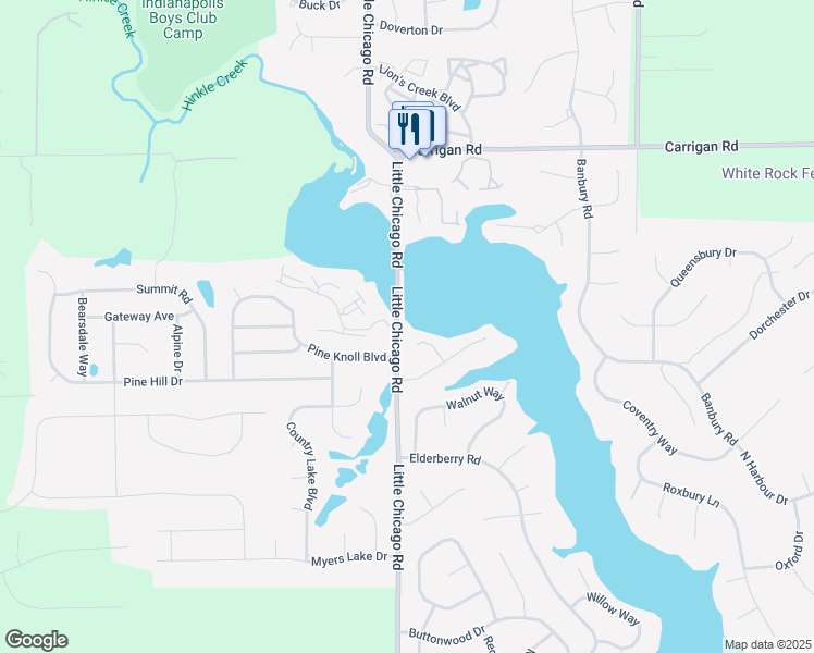 map of restaurants, bars, coffee shops, grocery stores, and more near 20620 Little Chicago Road in Noblesville