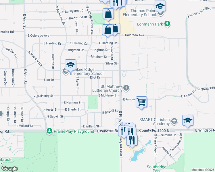 map of restaurants, bars, coffee shops, grocery stores, and more near 2208 Fletcher Street in Urbana