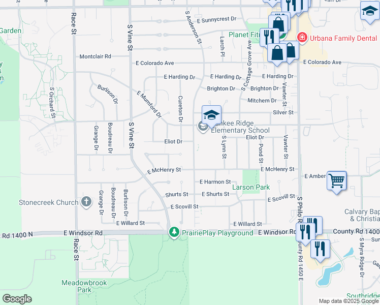map of restaurants, bars, coffee shops, grocery stores, and more near 2205 South Anderson Street in Urbana