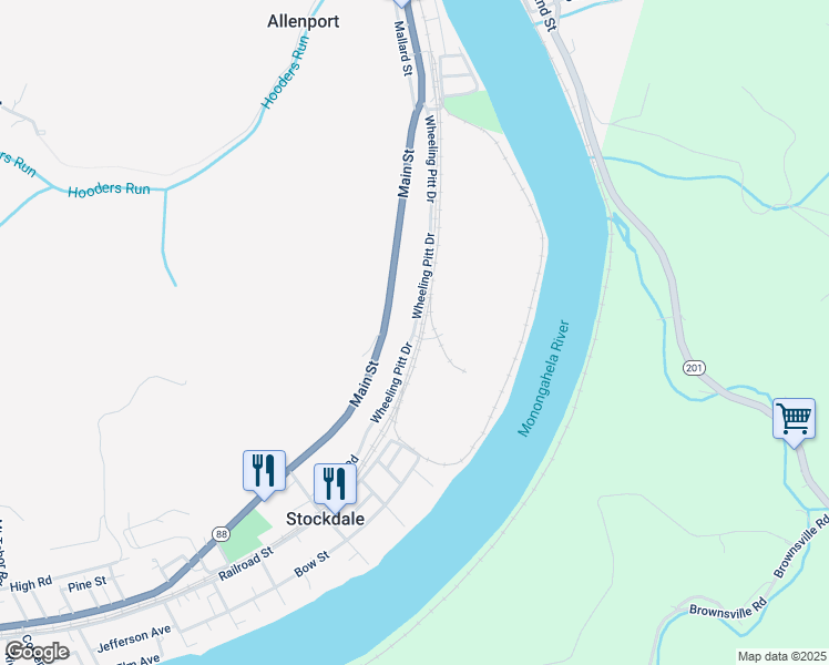 map of restaurants, bars, coffee shops, grocery stores, and more near 46 Wheeling Pitt Drive in Stockdale