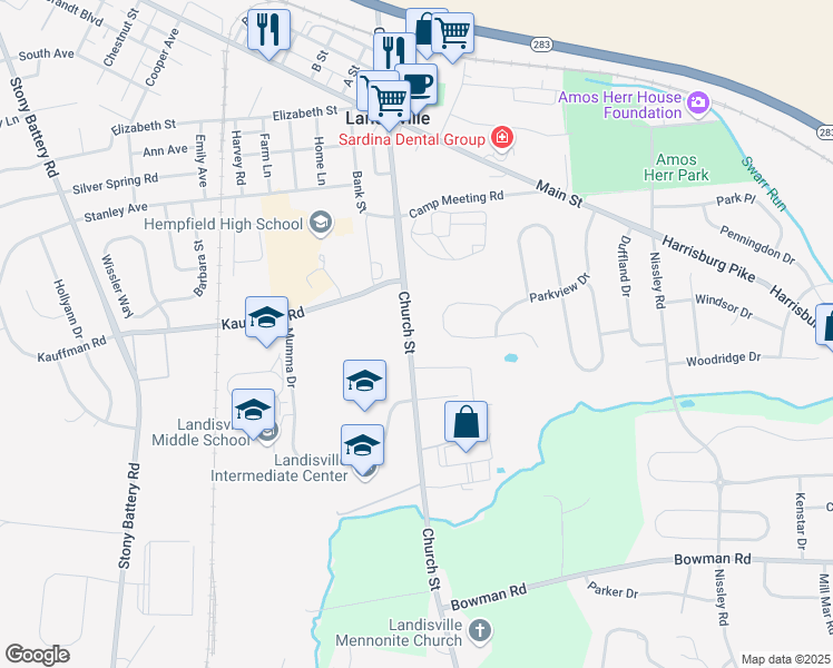 map of restaurants, bars, coffee shops, grocery stores, and more near 295 Church Street in Salunga-Landisville