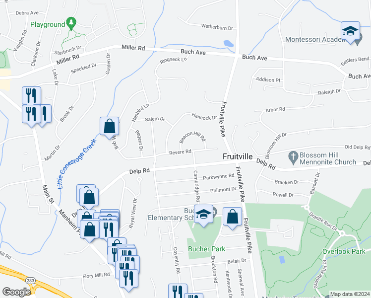 map of restaurants, bars, coffee shops, grocery stores, and more near 443 Revere Rd in Lancaster